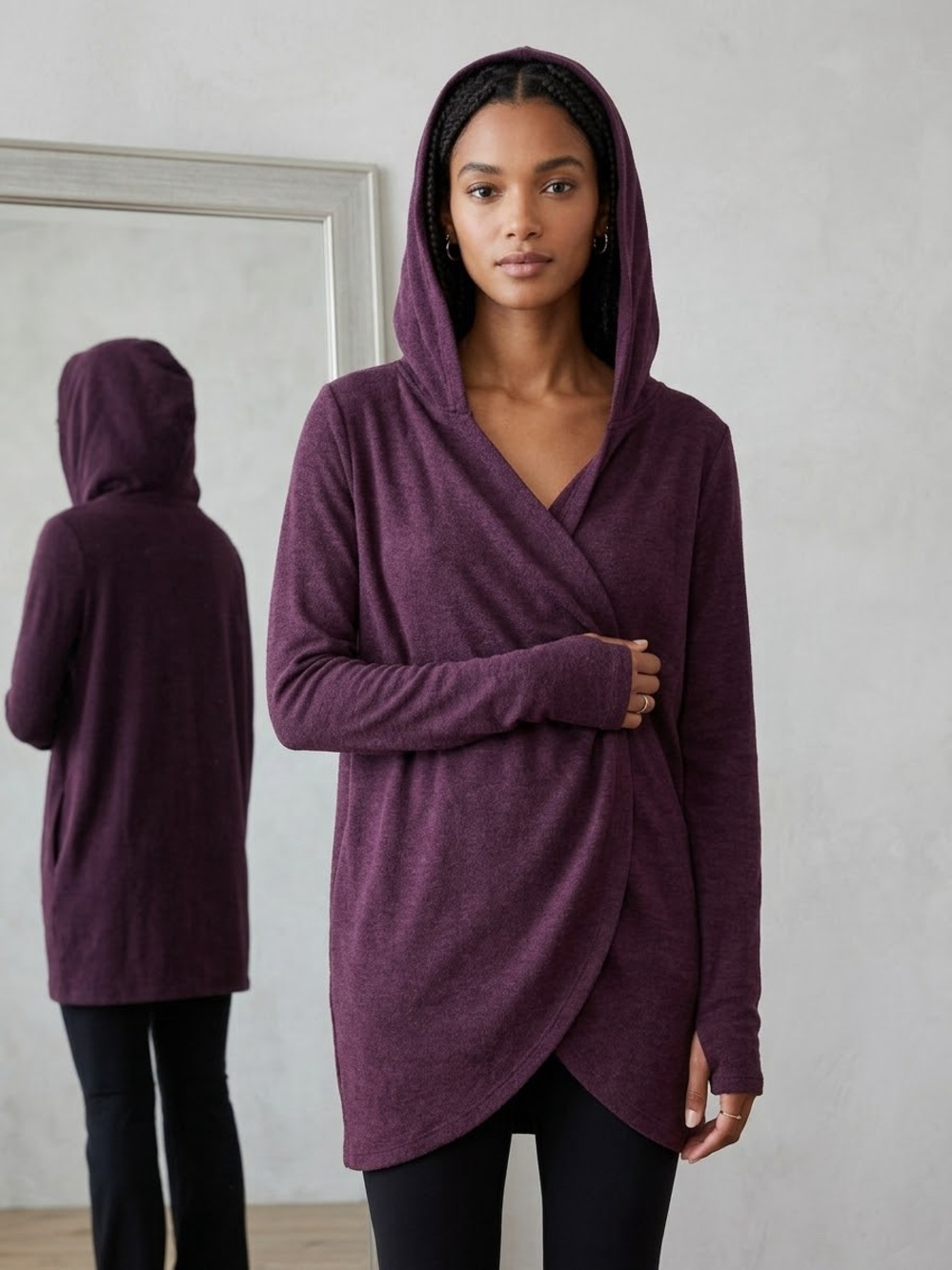 Athleta Purana Wrap Hooded sweatshirt plum soft oversized large